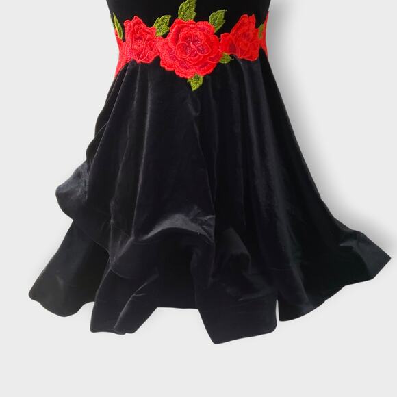 Gothic Black Velvet Red Rose Structured Mini Dress Sz 0 Y2K Dark Romance Prom - Picture 3 of 14